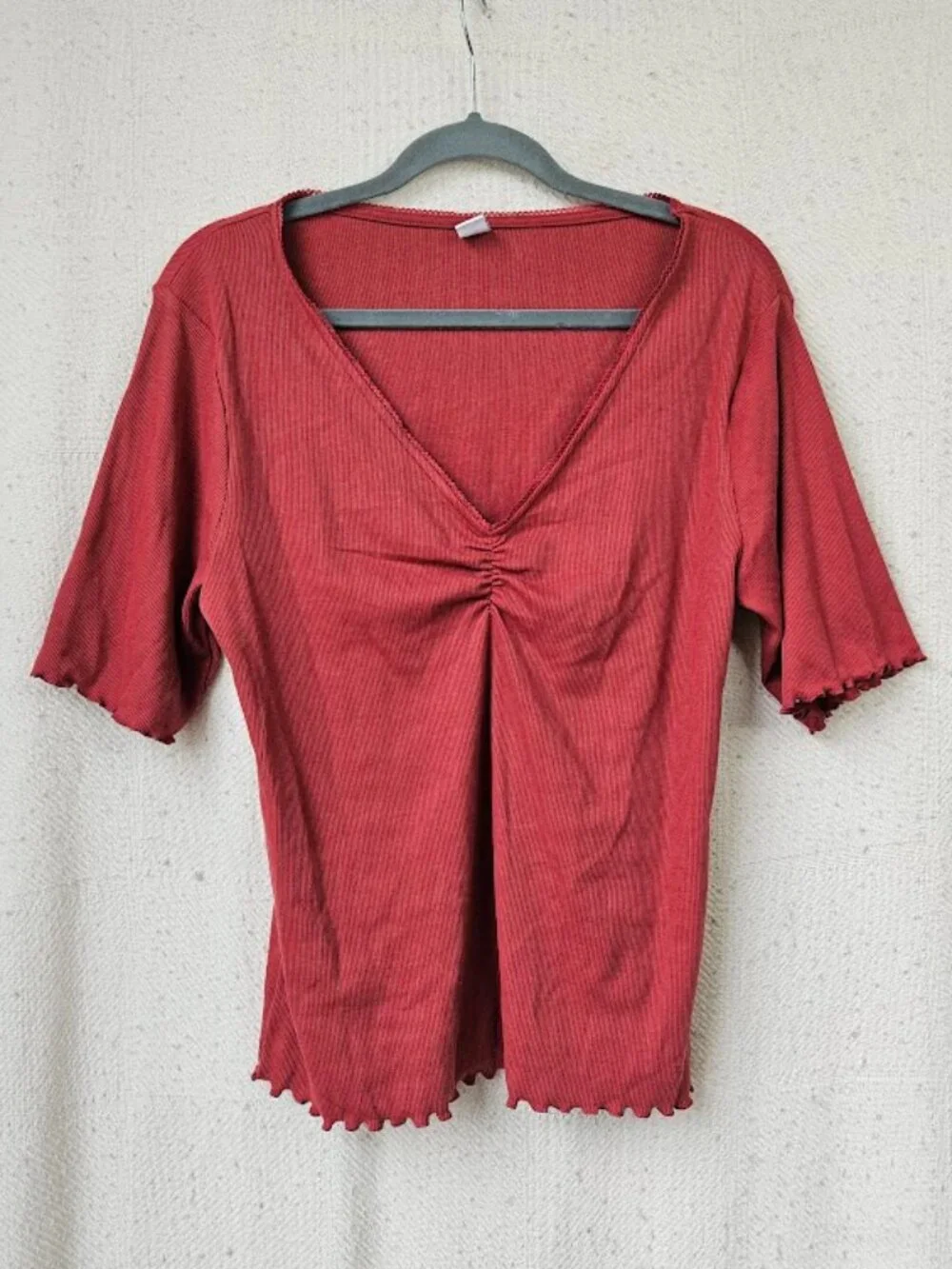 Old Navy Red Ribbed Ruffle Lace Shirt Top Coquette Kawaii Boho Cottagecore Soft